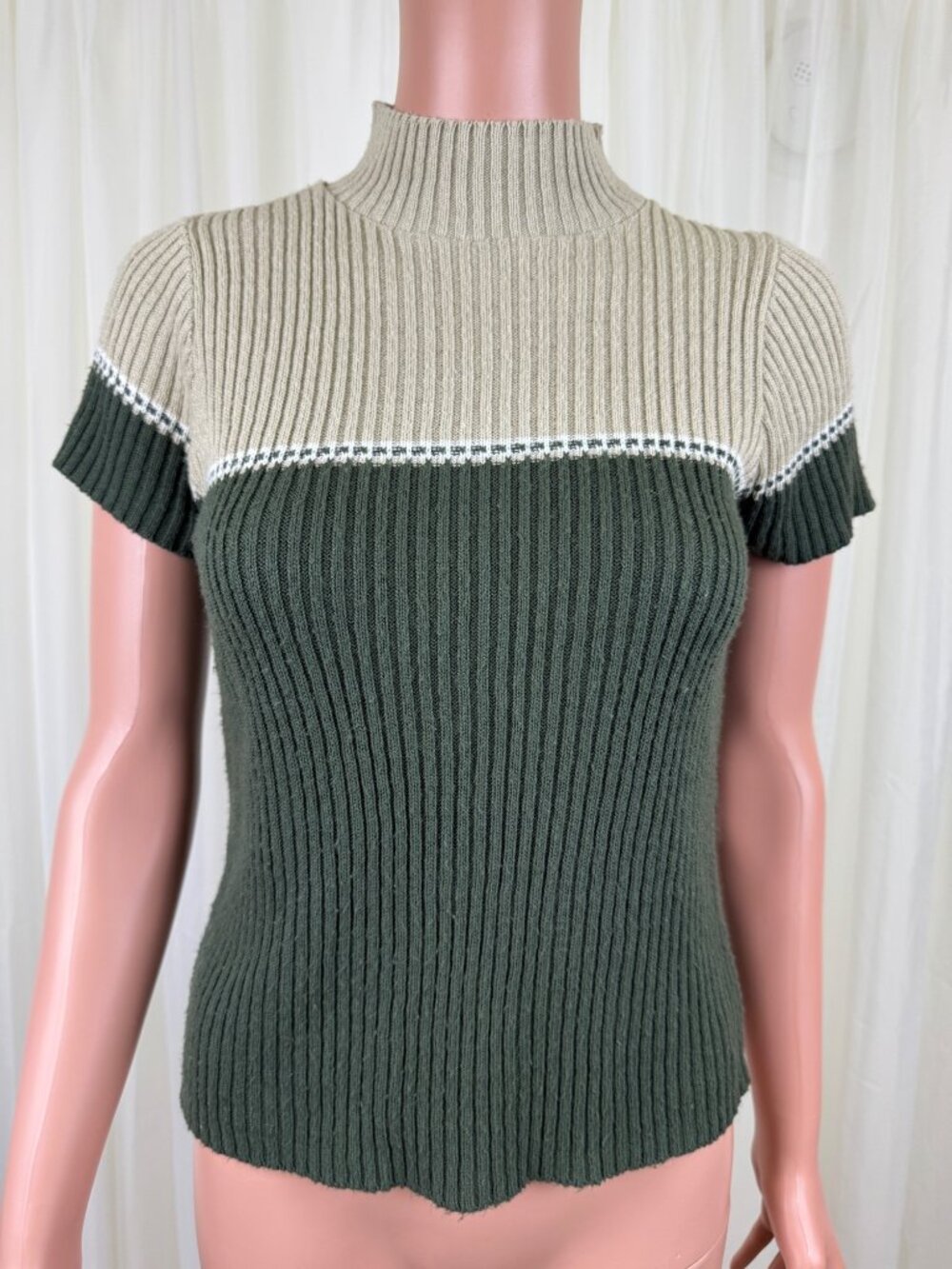 Vintage Y2K Mandee Ribbed Color Block Mock Neck Short Sleeve Sweater Top Sz MD